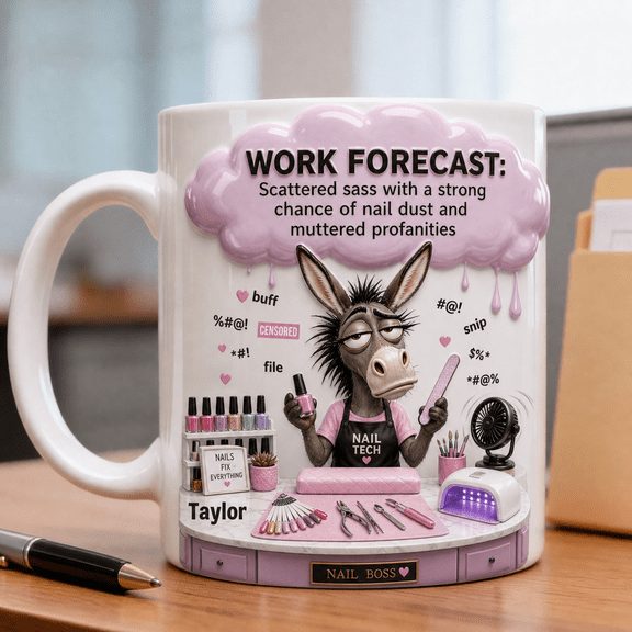 Personalized Nail Technician Work Forecast 3D Effect Mug, Funny Donkey Nail Tech Stress Gift