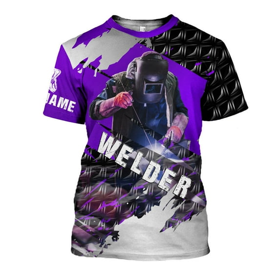 Personalized Name 3D Welder Shirt, Welder Shirts for Men 3D shirt , gift for him Welding T-shirt (Purple, XL)