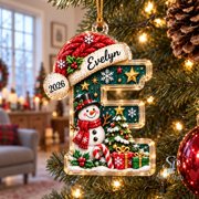 Personalized Name Acrylic Ornament, Snowman Christmas Initial E Tree Hanging for Evelyn