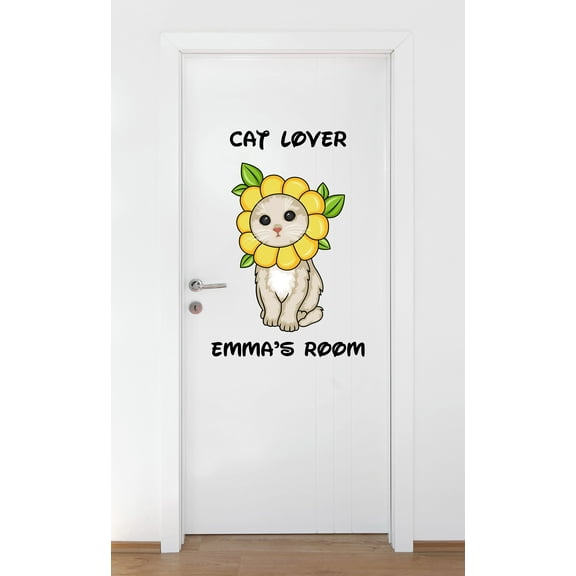 Personalized Name Animal Wall Decal Cute Cat wearing Sunflower Hat Bedroom Wall Decal for Girls Cat Cute Themed Room Decal - Size: 22 In x 32 In