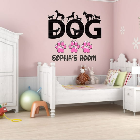 Personalized Name Animal Wall Decal Dog Lettering With Dogs Silhouette and Cute Pink Paw Prints Bedroom Wall Decal for Girls Dog Cute Themed Room Decal - Size: 40 In x 40 In