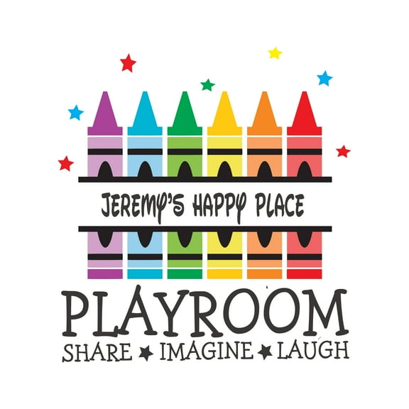 Personalized Name Artist Wall Decal Crayons 6 Colors Set with Stars Custom Name Bedroom Wall Decal for boys and girls Crayons Playroom- Share-Imagine-Laugh Themed Kids Room Décor - Size: 18 In x 20 In