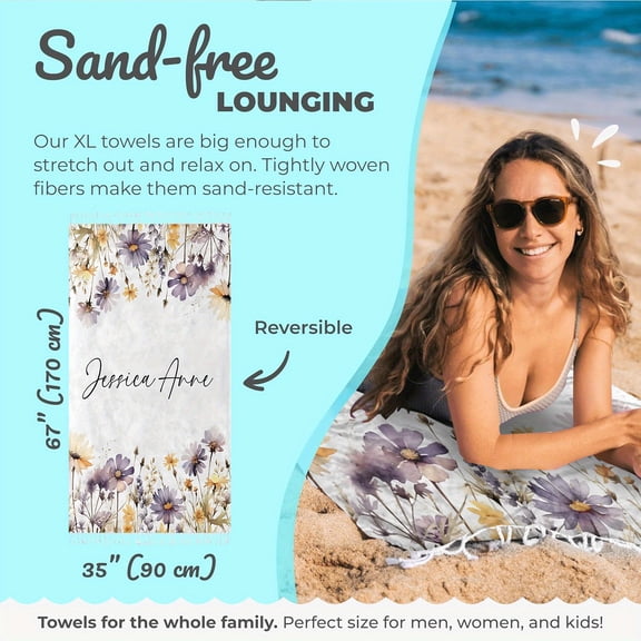 Personalized Name Beach Towel with Floral Design - Ultra Soft Microfiber, Ideal Gift for Family and Friends, Vintage Style Rectangular Towel