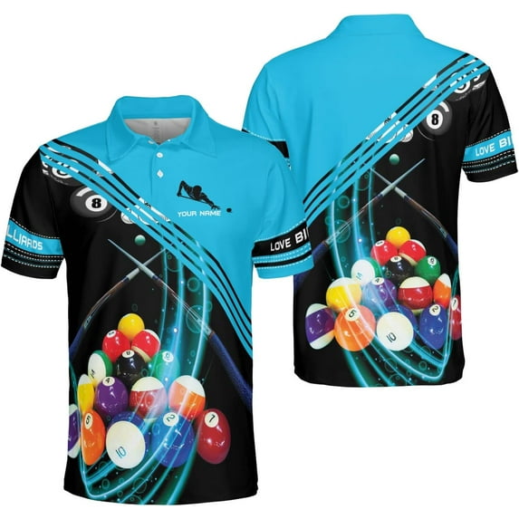 Personalized Name Billiard Polo Shirt Billiard Shirts Custom Billiard Flag Polo Shirt Men's Pool Billiard Gifts for Dad (Cyan, XL)