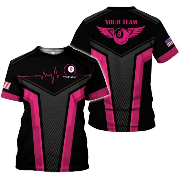 Personalized Name Billiard Shirts 3D, Billiards Shirt 8 Ball Billiard Shirt Custom Men's Pool Men Women (Pink, 2XL)