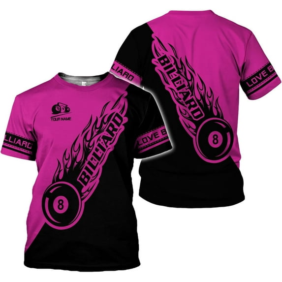 Personalized Name Billiard Shirts 3D, Billiards Shirt 8 Ball Billiard Shirt Custom Men's Pool Men Women (Pink, L)