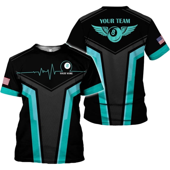 Personalized Name Billiard Shirts 3D, Billiards Shirt 8 Ball Billiard Shirt Custom Men's Pool Men Women (Teal, 2XL)