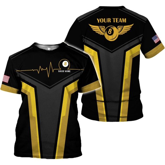 Personalized Name Billiard Shirts 3D, Billiards Shirt 8 Ball Billiard Shirt Custom Men's Pool Men Women (Yellow, L)