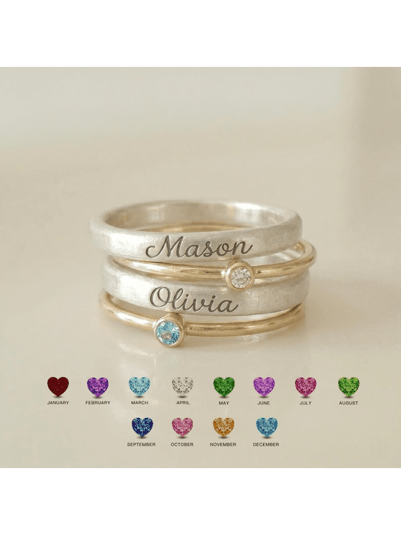 Personalized Name & Birthstone Ring Set, Custom Engraved Stacking Rings, Mom Ring Gift, Kids Name Ring, Family Jewelry, Mothers Day Gift