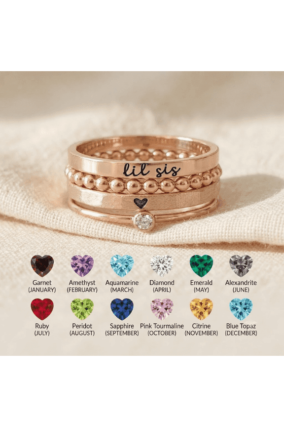 Personalized Name Birthstone Ring Stack | Custom Engraved Beaded Ring, Family Minimalist Jewelry | Mothers Day Gift