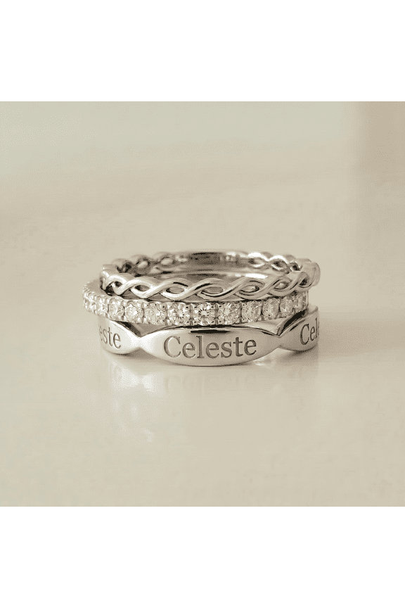 Personalized Name Birthstone Stacking Ring Set | Custom Engraved Ring | Pav CZ Stackable Rings | Family Jewelry, Mothers Day Gift