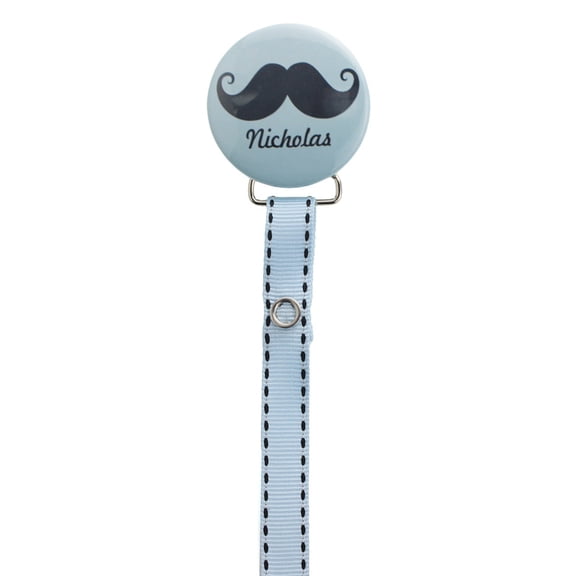 Personalized Name Blue Mustache Pacifier Clip