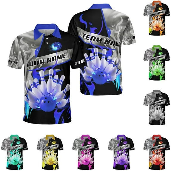 Personalized Name Bowling Polo Shirts 3D for Men and Women, Bowling Shirt, Bowling Shirts for Men Team Bowling Shirt (Blue, 3XL)