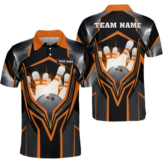 Personalized Name Bowling Polo Shirts 3D for Men and Women, Bowling Shirt, Bowling Shirts for Men Team Bowling Shirt (Orange, L)