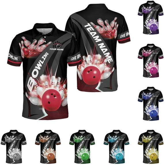 Personalized Name Bowling Polo Shirts 3D for Men and Women, Bowling Shirt, Bowling Shirts for Men Team Bowling Shirt (Red, S)