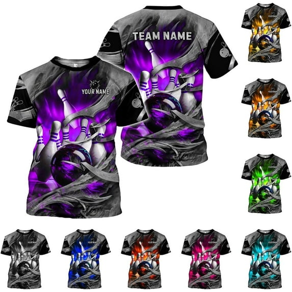 Personalized Name Bowling Shirts for Men and Women 3D, Bowling Shirts for Team Bowling, Bowling Shirts Gift (Purple, 2XL)