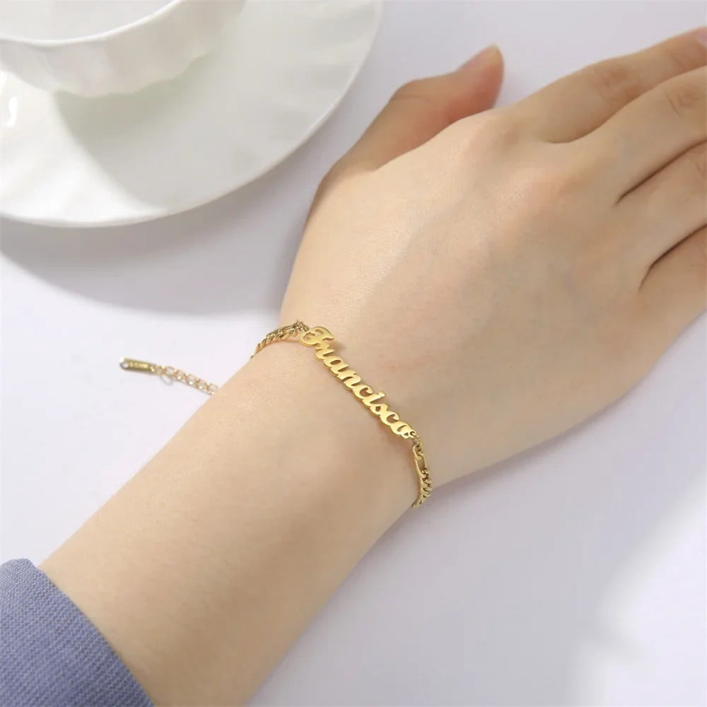 Personalized Name Bracelet Figaro Chains 14K Yellow Gold Jewelry Custom ...