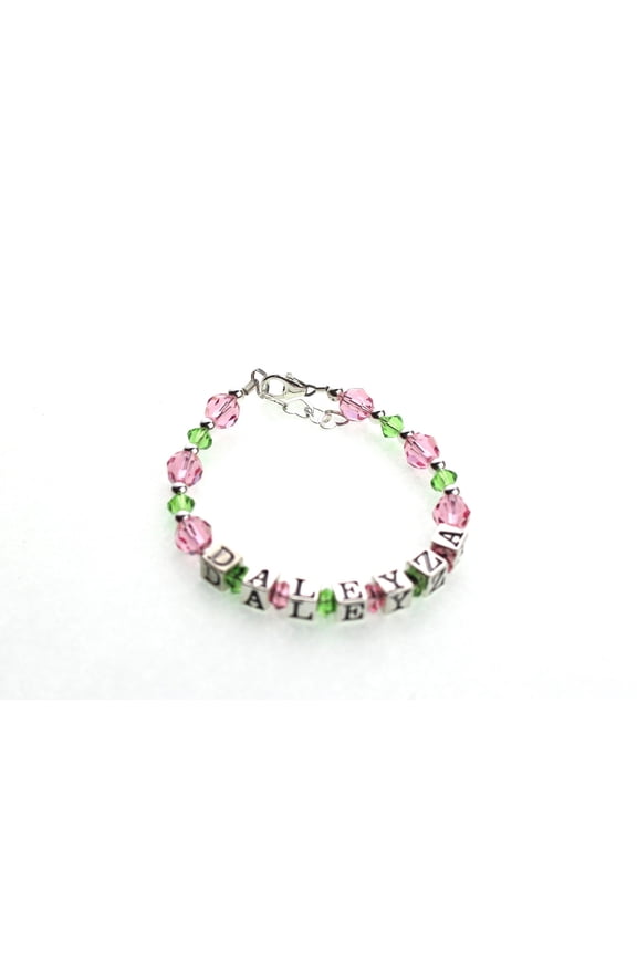 Personalized Name Bracelet for toddler,  Girls and Baby Sterling Silver, pink and green crystal  Personalized Custom (BPGN)