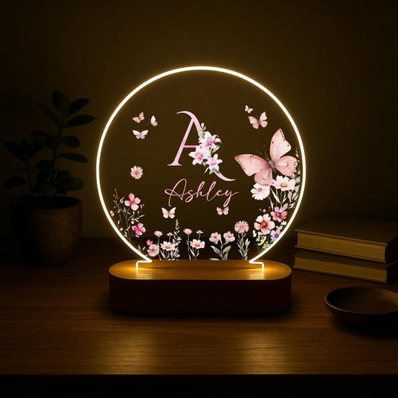 Personalized Name Butterfly Flower Night Light Custom Floral Acrylic Lamp With Wood Base Aesthetic Bedroom Decor Gift For Her