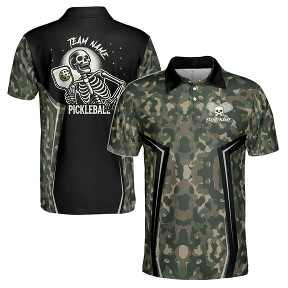 Personalized Name Camo Pattern Skull Plays Pickleball Men's Polo Shirt S-5XL