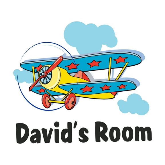 Personalized Name Cartoon Wall Decal Cartoon Airplane Flies in Clouds Custom Name Bedroom Wall Decal for boys and girls Plane Themed Kids Room Décor - Size: 10 In x 9 In