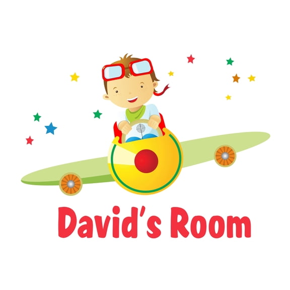 Personalized Name Cartoon Wall Decal Kid in Airplane Dreaming of Becoming a Pilot Custom Name Bedroom Wall Decal for boys and girls Airplane Themed Kids Room Décor - Size: 10 In x 7 In