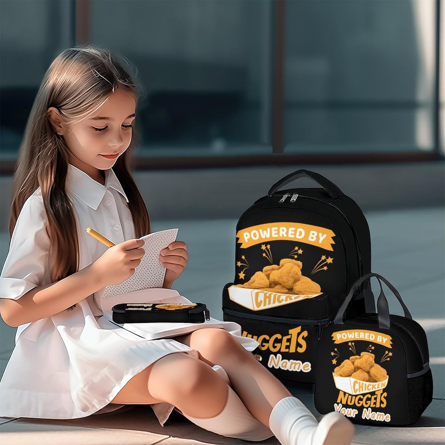 Personalized Name Chicken Nugget Youth Backpack With Lunch Box, Set Of