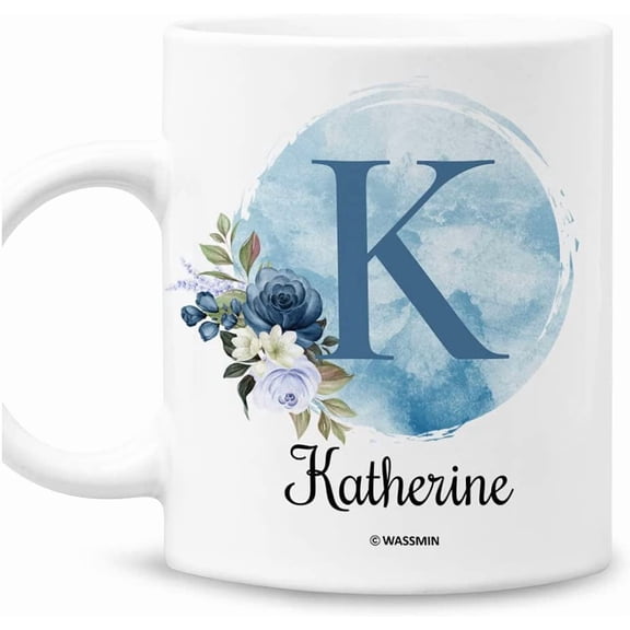 Personalized Name Coffee Mug With Custom Letter Alphabet Initial Monogrammed Coffee Cups 11 15 Oz Birthday Mothers Day Christmas Wedding Engagement Gifts for Mom Grandma Bridesmaid Nana (Blue)