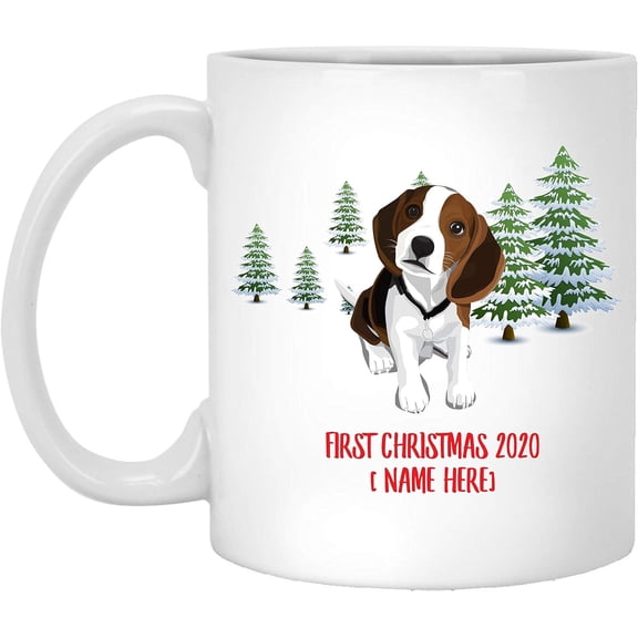 Personalized Name Custom Year Beagle Sitting Dog First Christmas 2025 Gifts New Years 2026 Decorations Winter Coffee Mug Ceramic White 11 oz