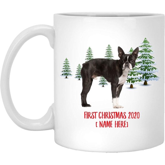 Personalized Name Custom Year Boston Terrier Brown Brindle Dog First Christmas 2025 Gifts New Years 2026 Decorations Winter Coffee Mug Ceramic White 11 oz