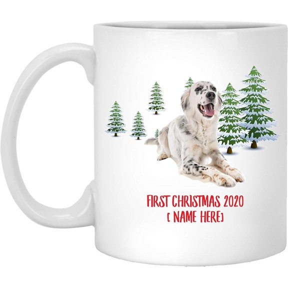 Personalized Name Custom Year English Setter Blue Spots Dog First Christmas 2025 Gifts New Years 2026 Decorations Winter Coffee Mug Ceramic White 11 oz