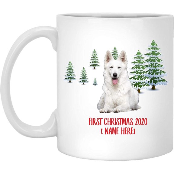 Personalized Name Custom Year German Shepherd White Dog First Christmas 2025 Gifts New Years 2026 Decorations Winter Coffee Mug Ceramic White 11 oz
