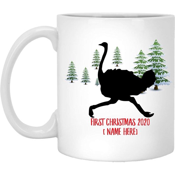 Personalized Name Custom Year Ostrich Silhouette First Christmas 2025 Gifts New Years 2026 Decorations Winter Coffee Mug Ceramic White 11 oz