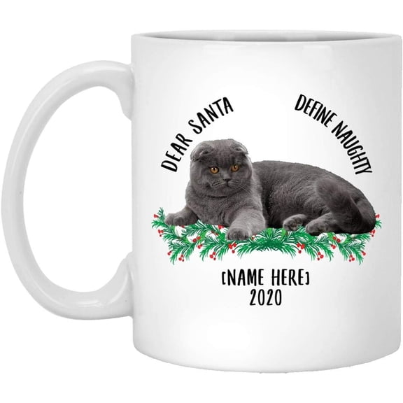 Personalized Name Custom Year Scottish Fold Cat Blue Grey Dear Santa Define Naughty 2025 Christmas Gifts New Years 2026 Coffee Mug White 11oz