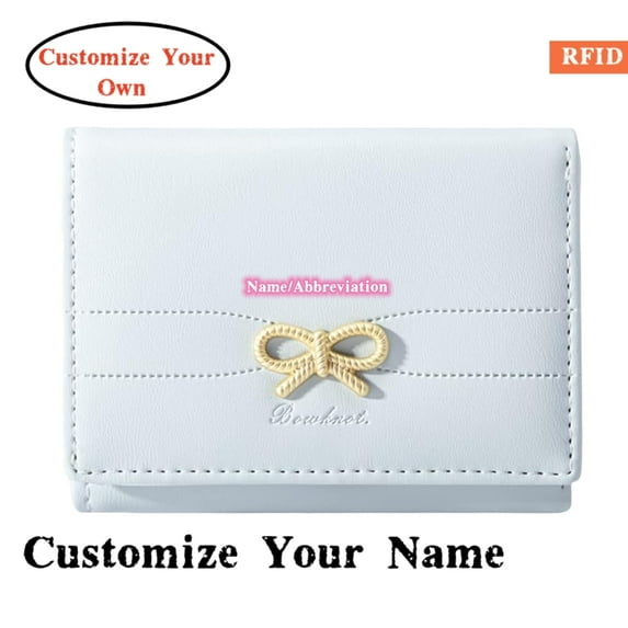 Personalized Name Customized Initials Wallet Fashion Wallets Girls Cute Coquette Bow Small Wallet Aesthetic Card Holder ID Window Purse for Women,Blue