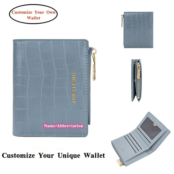 Personalized Name Customized Initials Wallet Ladies Minimalist Purse Women's PU Leather Wallet Bi-fold Change Pouch with 5 Card Slots Brown for Men Women, Gift for Mother's Day,Light blue