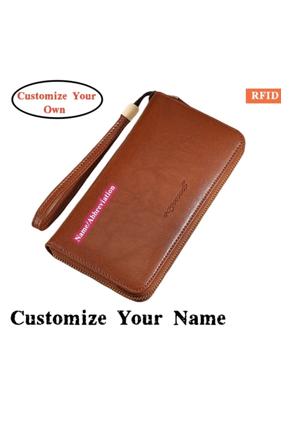 Personalized Name Customized Initials Wallet Women's RFID Blocking 100% Leather Large Capacity Zip Around Wallet Phone Holder Clutch Travel Purse Wristlet,Brown