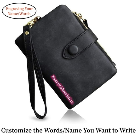 Personalized Name Customized Initials Wallet Womens Small Bifold Leather Wallets RFID Ladies Wristlet with Card Slots id Window Zipper Coin Purse,Black