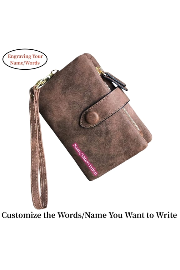 Personalized Name Customized Initials Wallet Womens Small Bifold Leather Wallets RFID Ladies Wristlet with Card Slots id Window Zipper Coin Purse,Brown