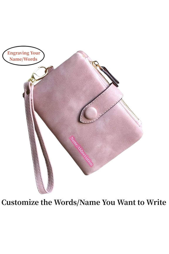 Personalized Name Customized Initials Wallet Womens Small Bifold Leather Wallets RFID Ladies Wristlet with Card Slots id Window Zipper Coin Purse,Pink