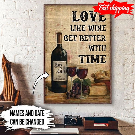 Personalized Name & Date Book Page Theme Love Like Wine Get Better With Time 11 x 17 Inch Poster