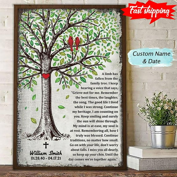 Personalized Name & Date Red Cardinals & Heart Shape On Tree Trunk A Limb Has Fallen From The Family Tree 11 x 17 Inch Poster