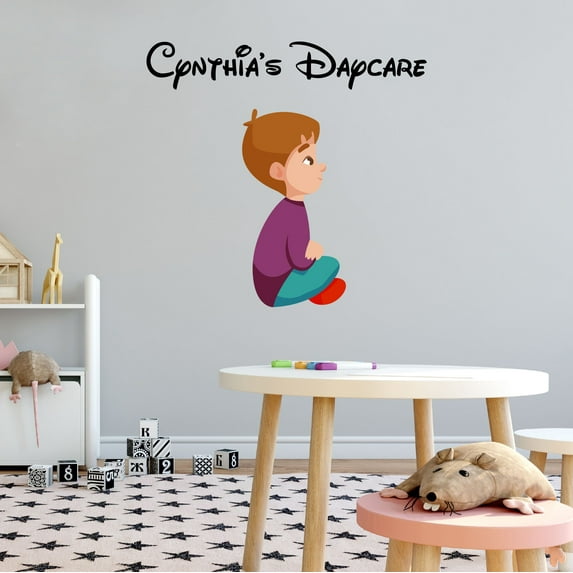 Personalized Name Day Care Wall Decal Cute Little Boy Sitting on the Floor Daycare Wall Decal for Care Taker Cute Themed Room Décor - Size: 30 In x 27 In