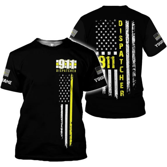 Personalized Name Dispatcher Thin Yellow Line US Flag Dispatcher T-Shirt, Custom Name Dispatcher T Shirts for Men and Women (T-shirt, 3XL)