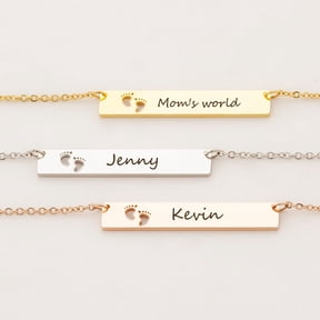 Personalized Name Footprint Necklace Gift for Fiance Mom New Born Baby Footprint Cut Out Horizontal Bar Gift for Girlfriend Mom Engravable Birthday Day Name Necklace Free Gift Box Ships Next Day
