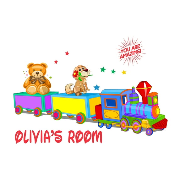 Personalized Name Girly Wall Decal Dog and Teddy Sitting in a Toy Train Custom Name Bedroom Wall Decal for boys and girls Train You are Amazing Themed Kids Room Décor - Size: 20 In x 14 In