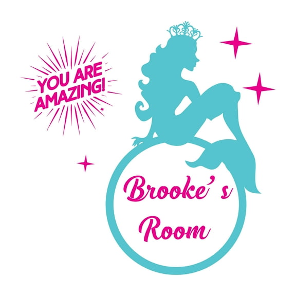 Personalized Name Girly Wall Decal Princess Mermaid In A Crown Custom Name Bedroom Wall Decal for boys and girls Mermaid You are Amazing Themed Kids Room Décor - Size: 20 In x 20 In