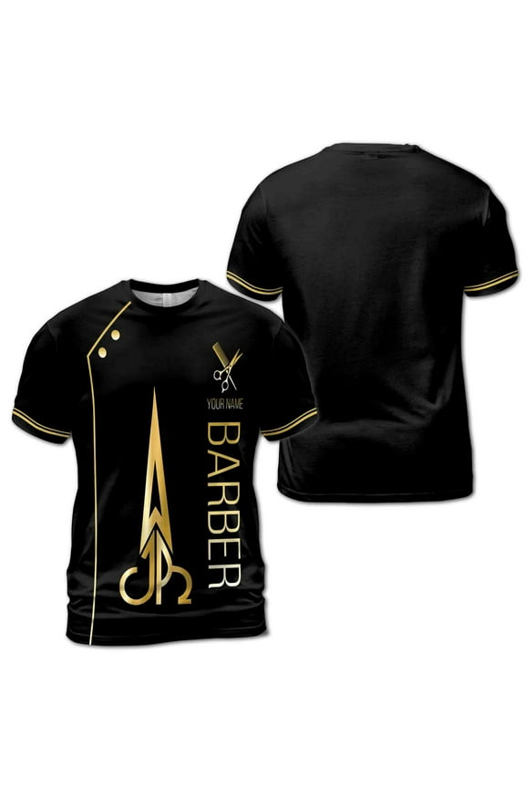 Personalized Name Golden Scissor Comb Barber Uniform T-shirt S-5XL
