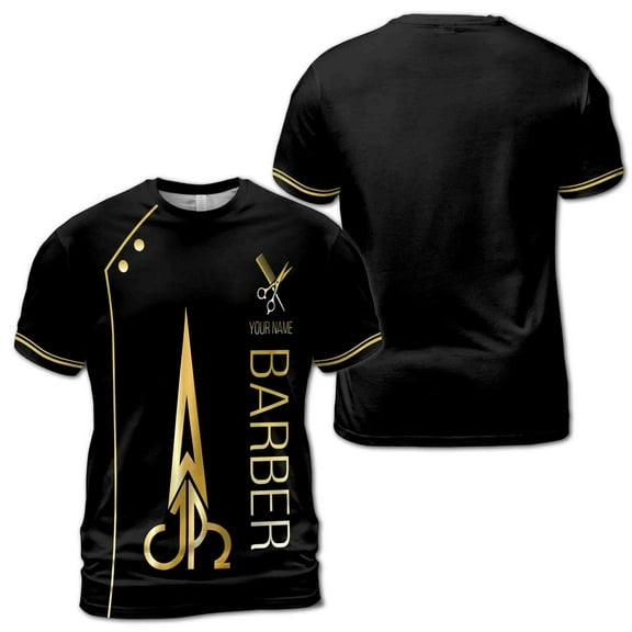 Personalized Name Golden Scissor Comb Barber Uniform T-shirt S-5XL