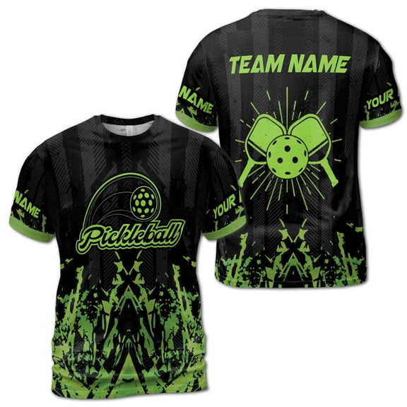 Personalized Name Green Spatter Pickleball Team 3D T-Shirt S-5XL